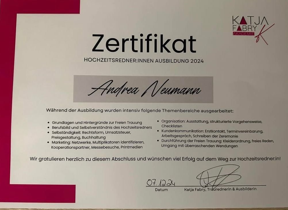 Zertifikat Hochzeitsrednerin – Andrea Neumann